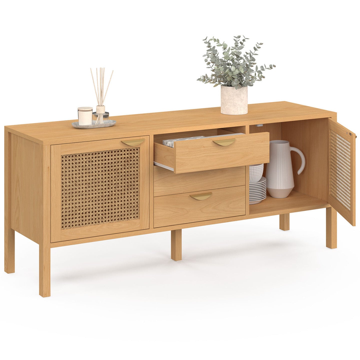 IDMarket - Credenza bassa EDHEN 140 cm, 2 ante e 3 cassetti, legno e vimini