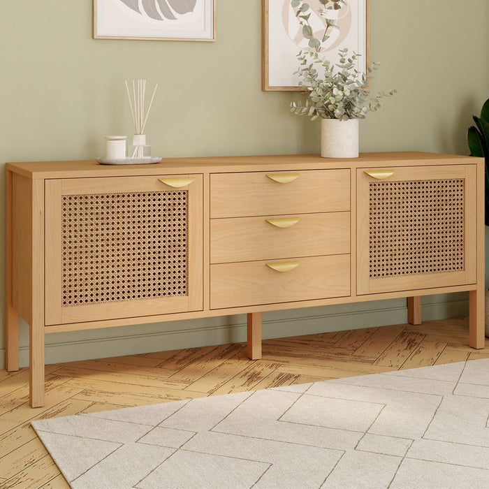 IDMarket - Credenza bassa EDHEN 140 cm, 2 ante e 3 cassetti, legno e vimini