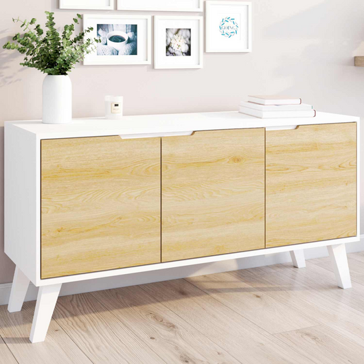IDMarket - Credenza bassa scandinava 113 cm FINN bianco 3 ante effetto faggio