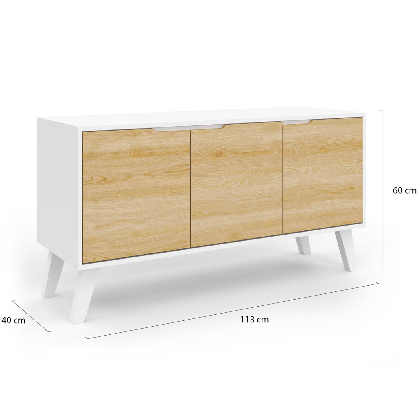 IDMarket - Credenza bassa scandinava 113 cm FINN bianco 3 ante effetto faggio