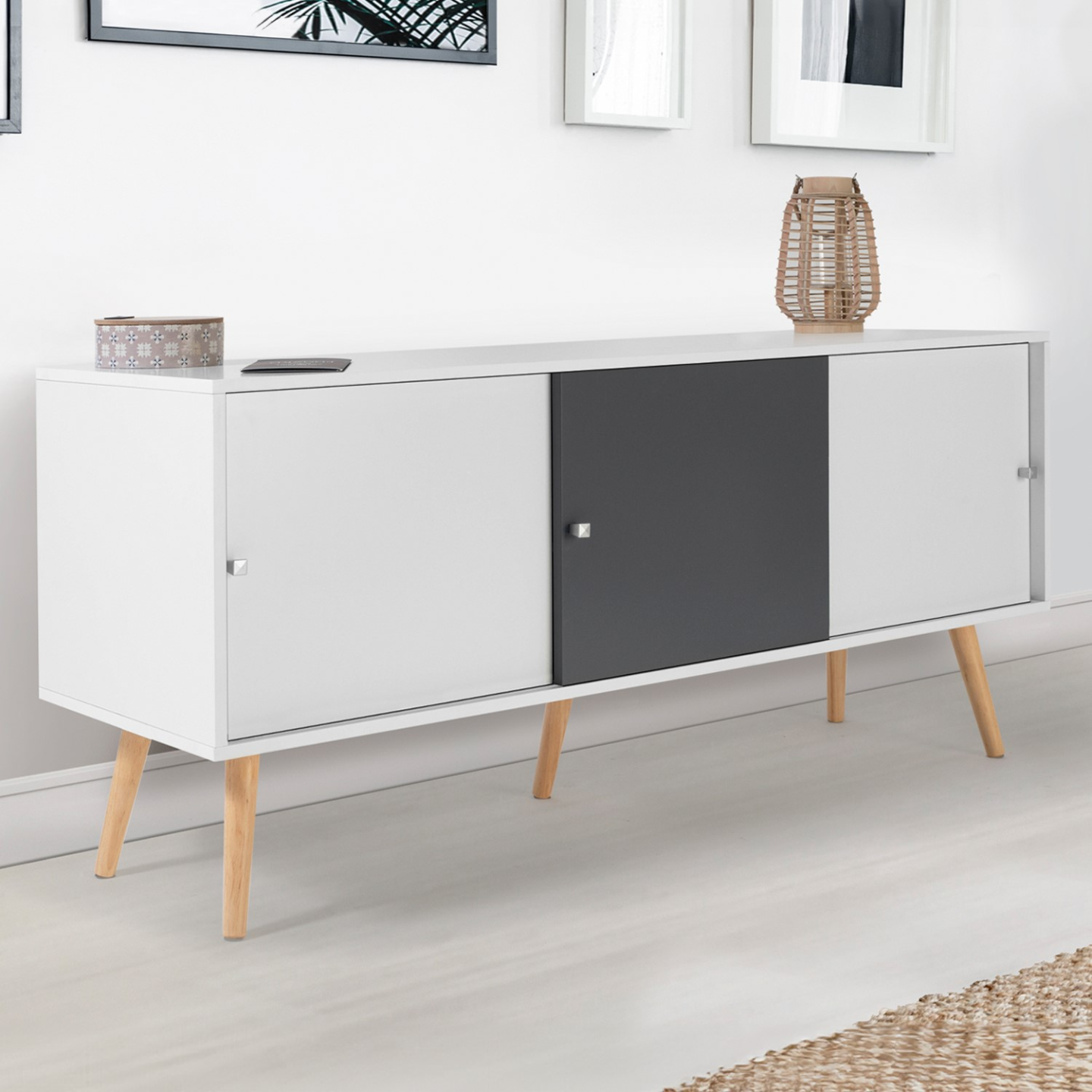 IDMarket - Credenza bassa scandinava a 3 ante EFFIE da 135 cm in legno bianco e grigio