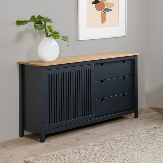 Credenza Bruna in legno massiccio colore grigio antracite e pino 150x40x80H - Anta scorrevole e 3 cassetti