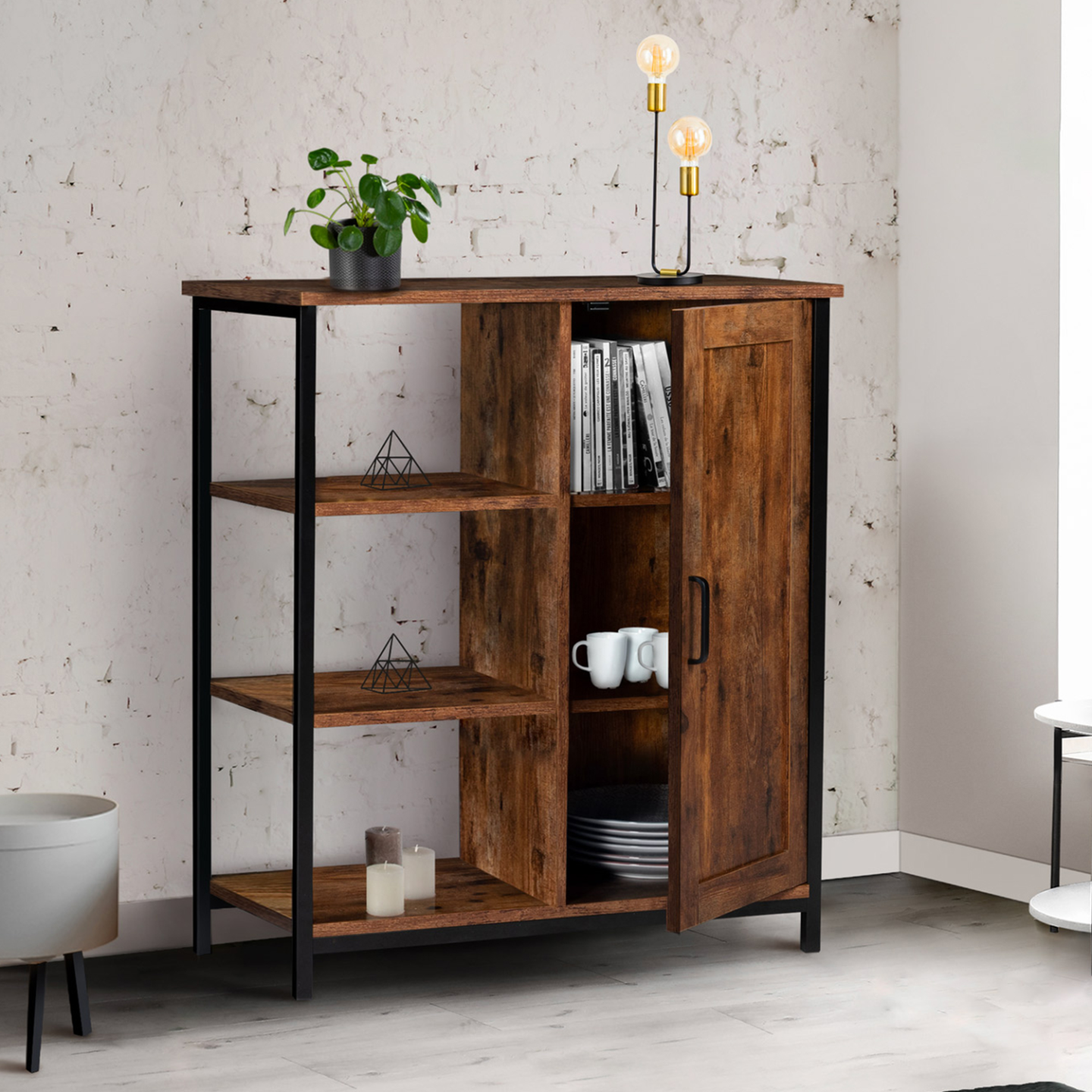 IDMarket - Credenza con 3 ripiani e armadietto DAYTON effetto invecchiato design industriale