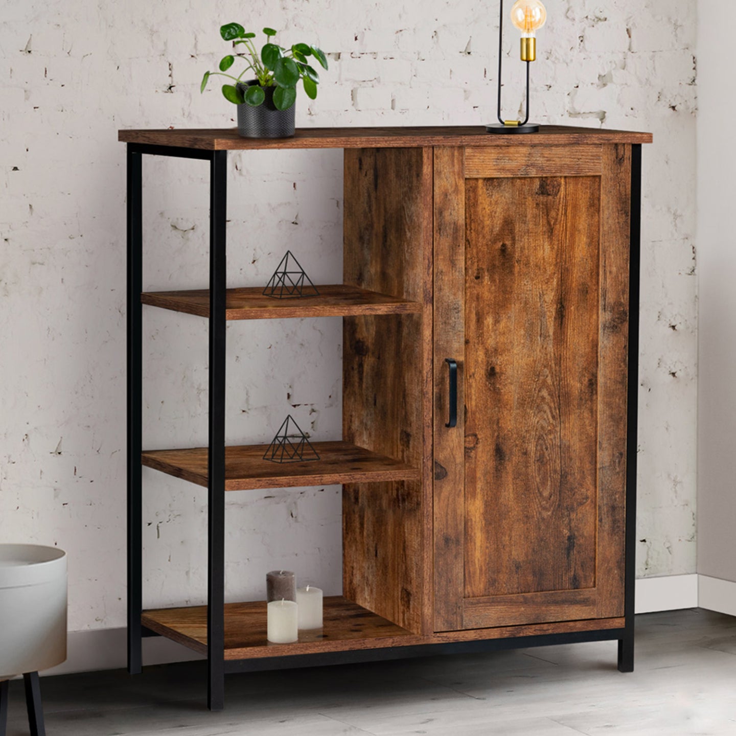 IDMarket - Credenza con 3 ripiani e armadietto DAYTON effetto invecchiato design industriale