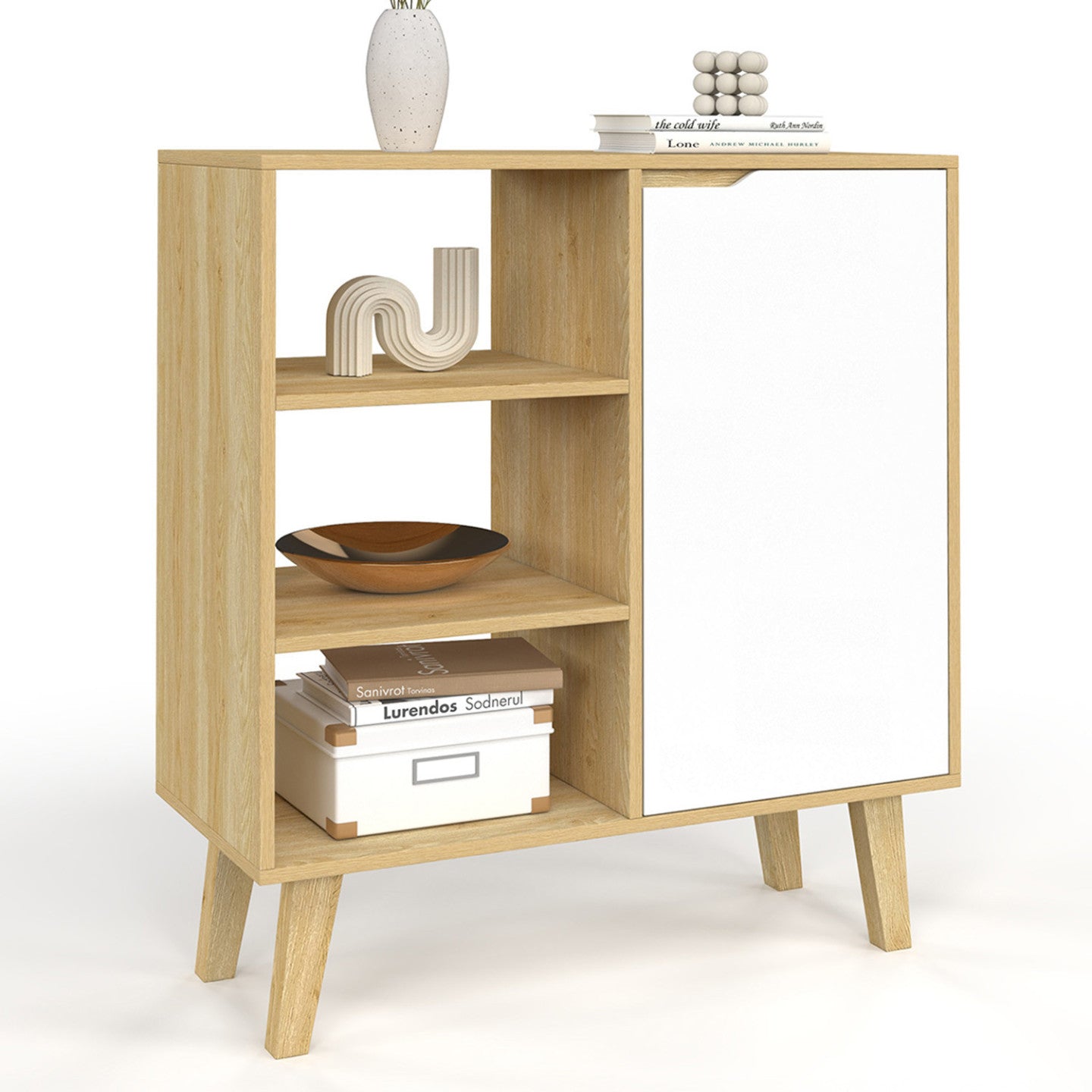 IDMarket - Credenza con 3 ripiani e armadio 70 cm FINN bianco e legno effetto faggio