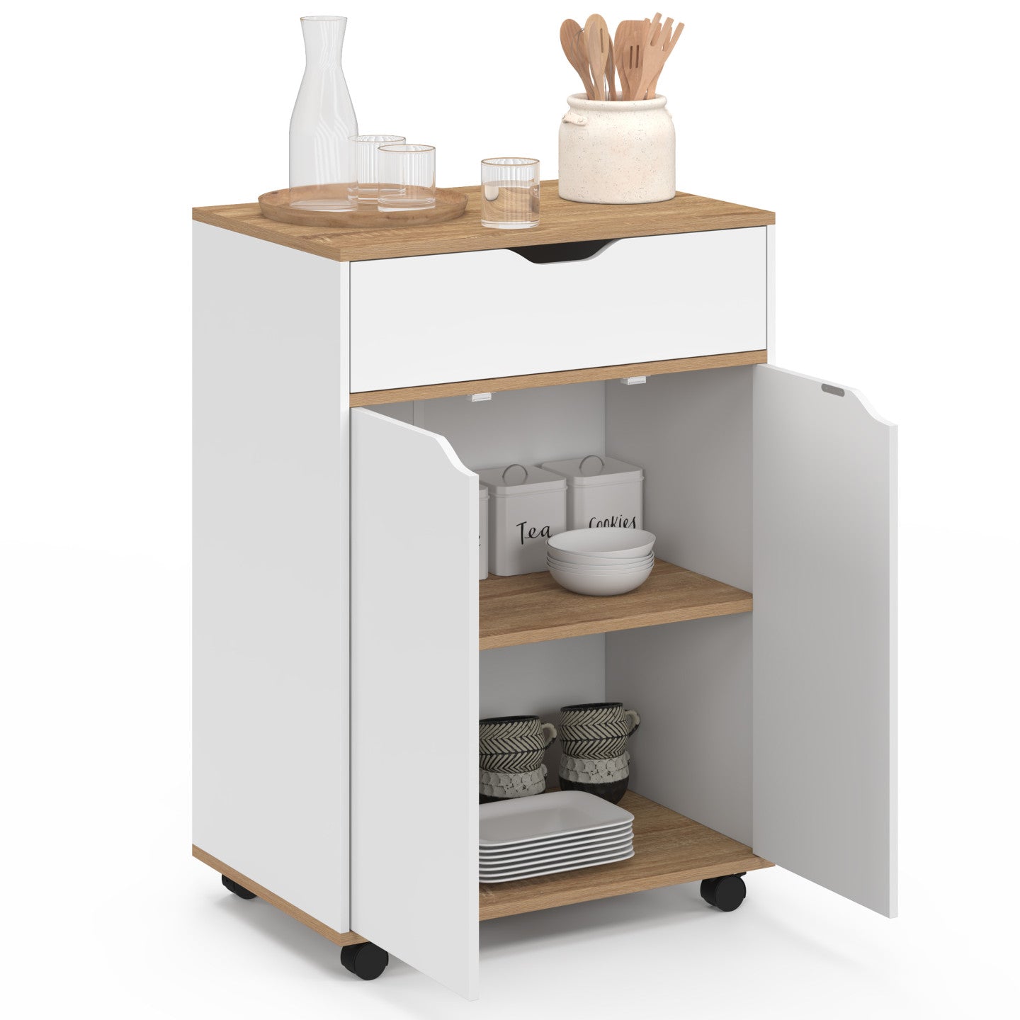 IDMarket - Credenza COSY con cassetto in legno bianco e ripiani in faggio L.60 CM