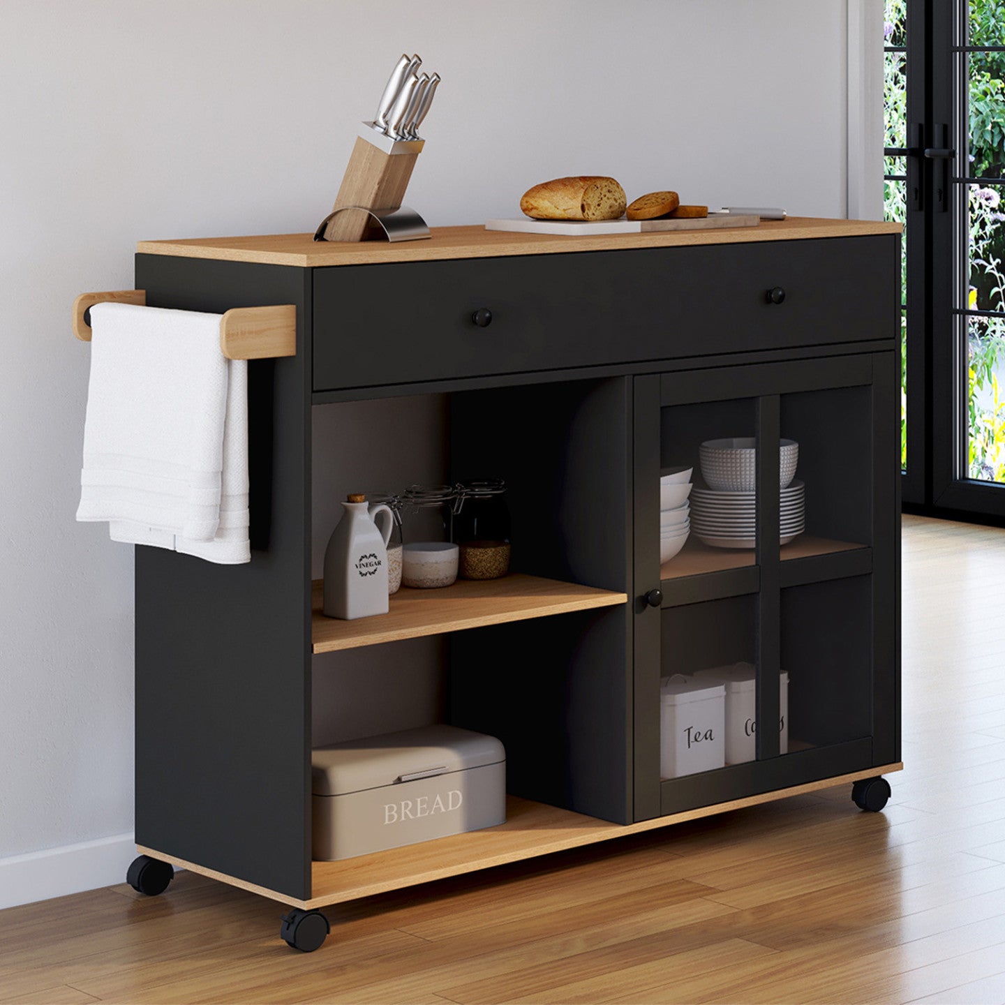 IDMarket - Credenza da cucina ACHILLE XXL con ripiano e armadio smaltato nero e legno L. 100 CM