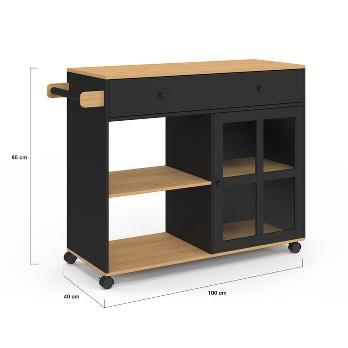 IDMarket - Credenza da cucina ACHILLE XXL con ripiano e armadio smaltato nero e legno L. 100 CM