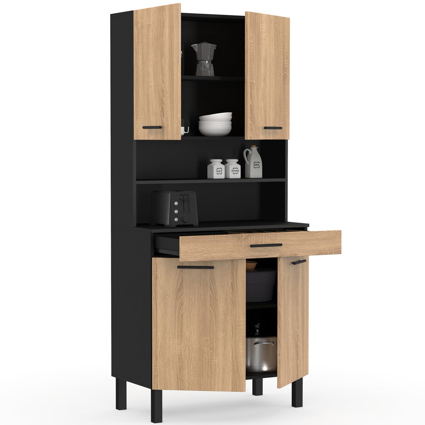 IDMarket - Credenza da cucina CINA 80 CM con 4 ante + cassetto, nero e faggio