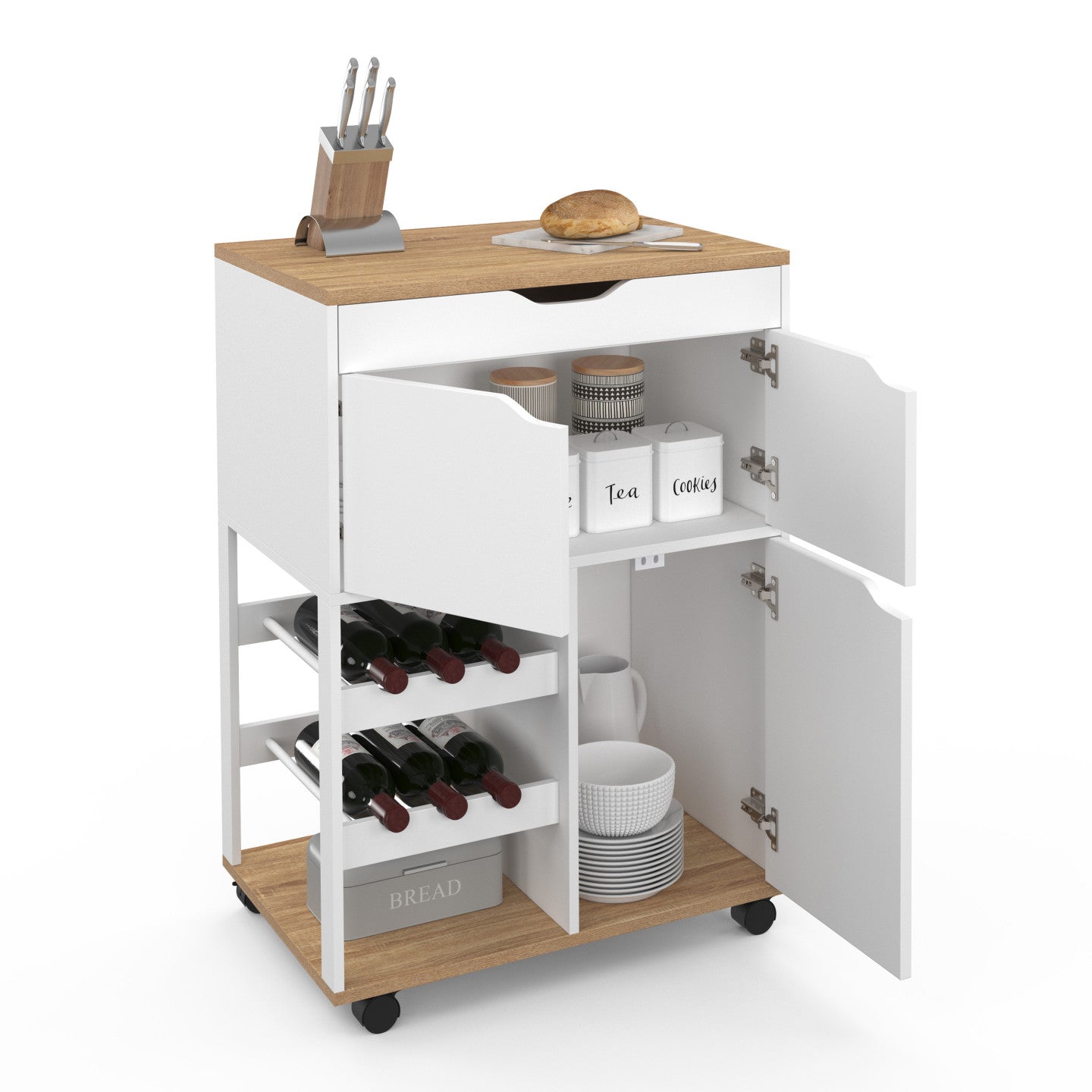 IDMarket - Credenza da cucina COSY con armadietti e portabottiglie in legno e bianco