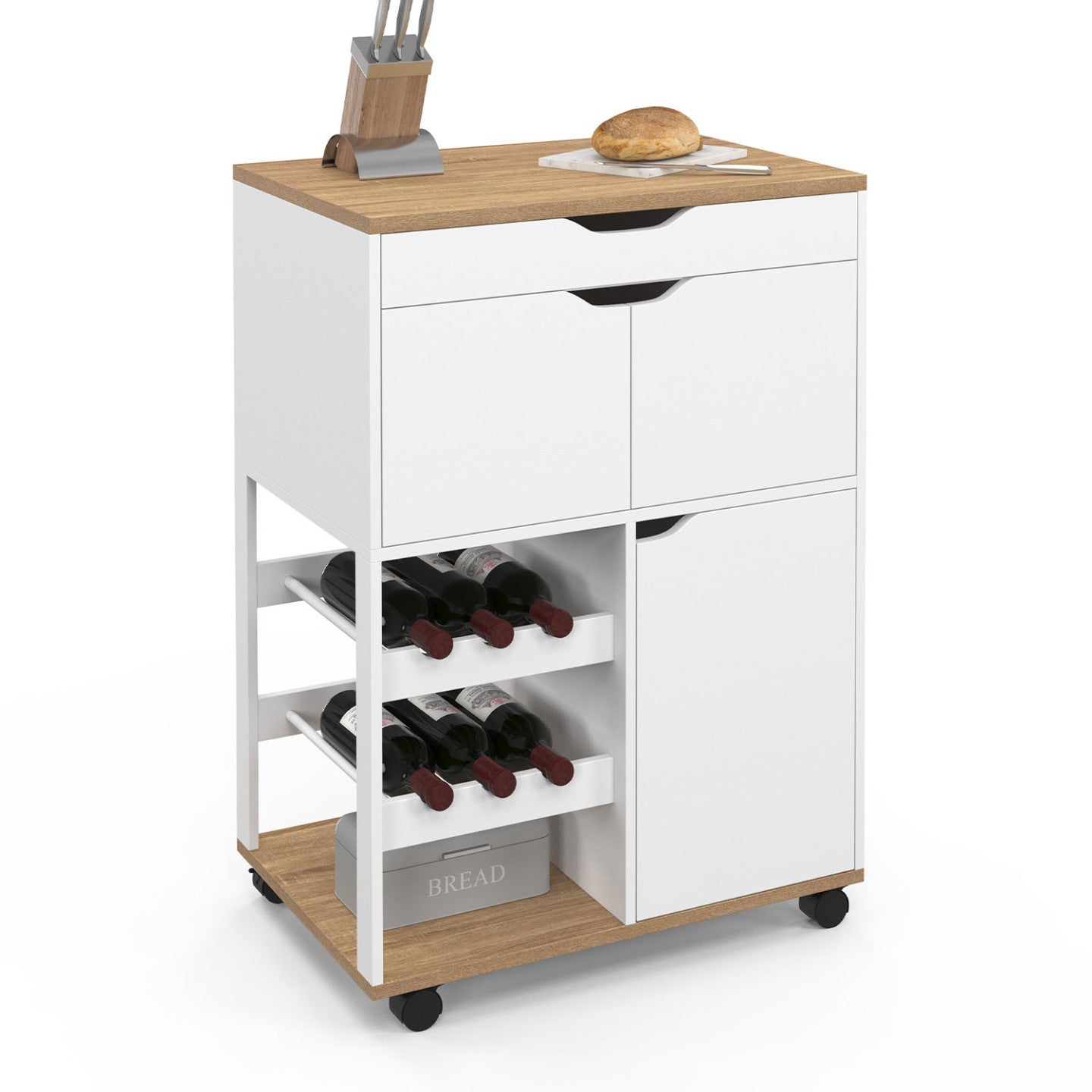 IDMarket - Credenza da cucina COSY con armadietti e portabottiglie in legno e bianco
