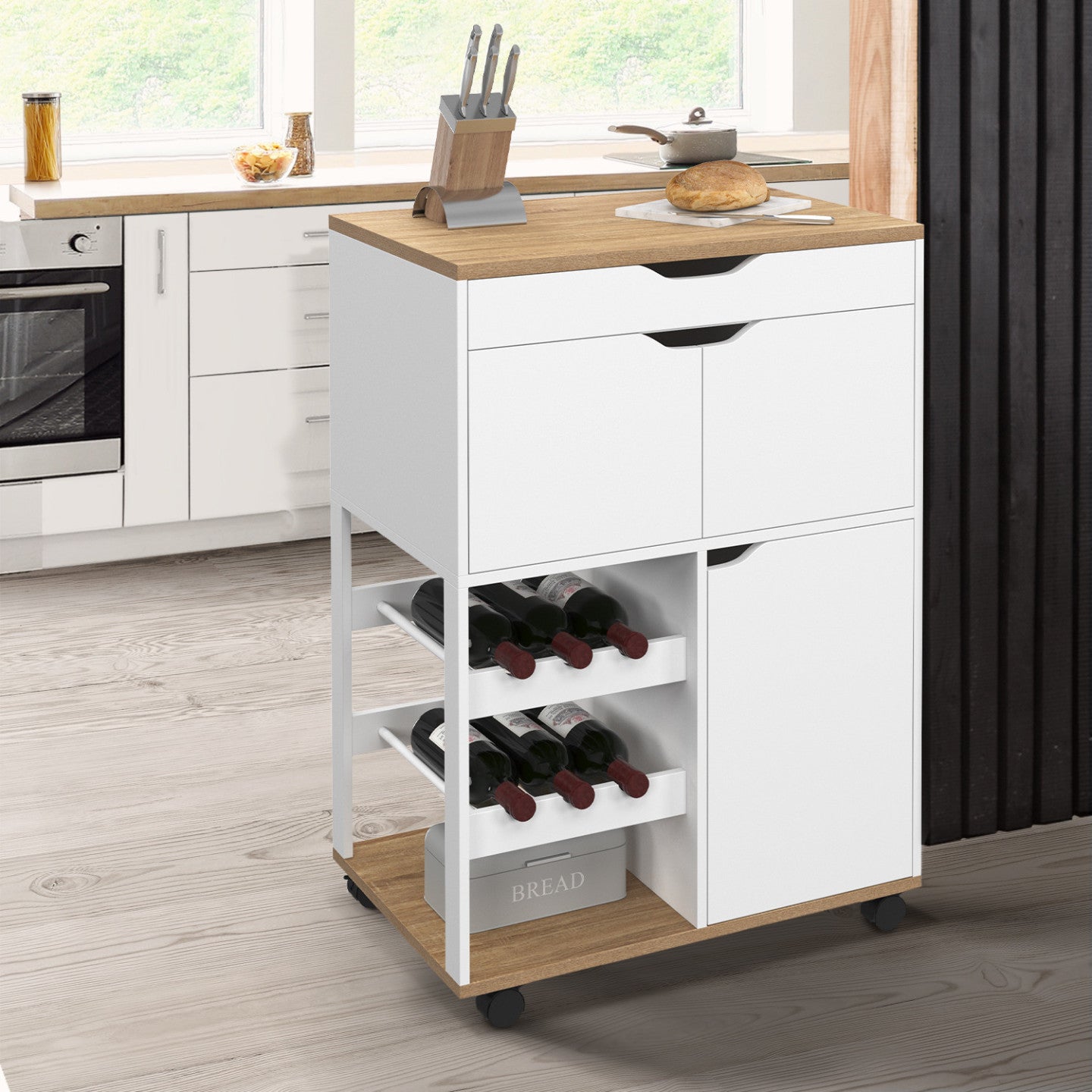 IDMarket - Credenza da cucina COSY con armadietti e portabottiglie in legno e bianco