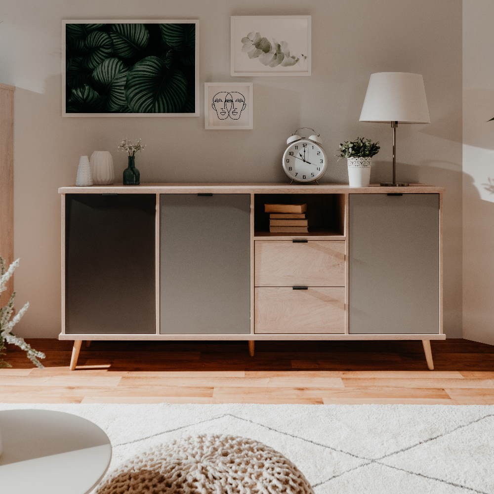 Credenza Epik52 con 3 ante 2 cassetti 180x40x88,3 colore rovere antracite grigio