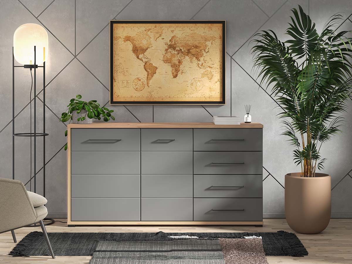 Credenza moderna 4 cassetti e 2 ante, Grigio grafite e Rovere ZFM76411011