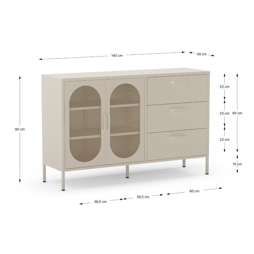 Credenza in metallo Diora crema con 2 ante reticolate e 3 cassetti – Design industriale, anima versatile