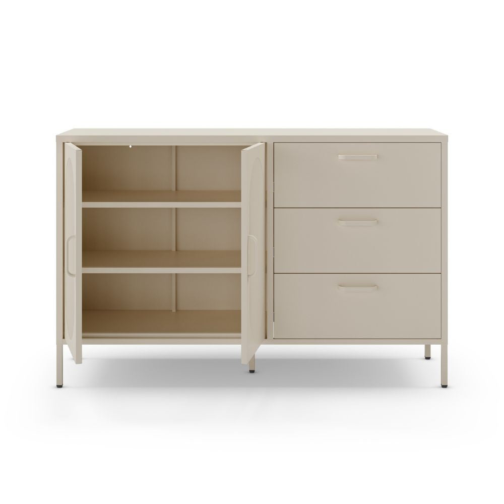 Credenza in metallo Diora crema con 2 ante reticolate e 3 cassetti – Design industriale, anima versatile