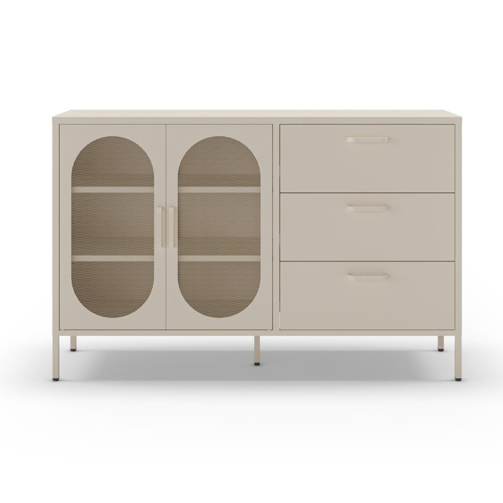 Credenza in metallo Diora crema con 2 ante reticolate e 3 cassetti – Design industriale, anima versatile