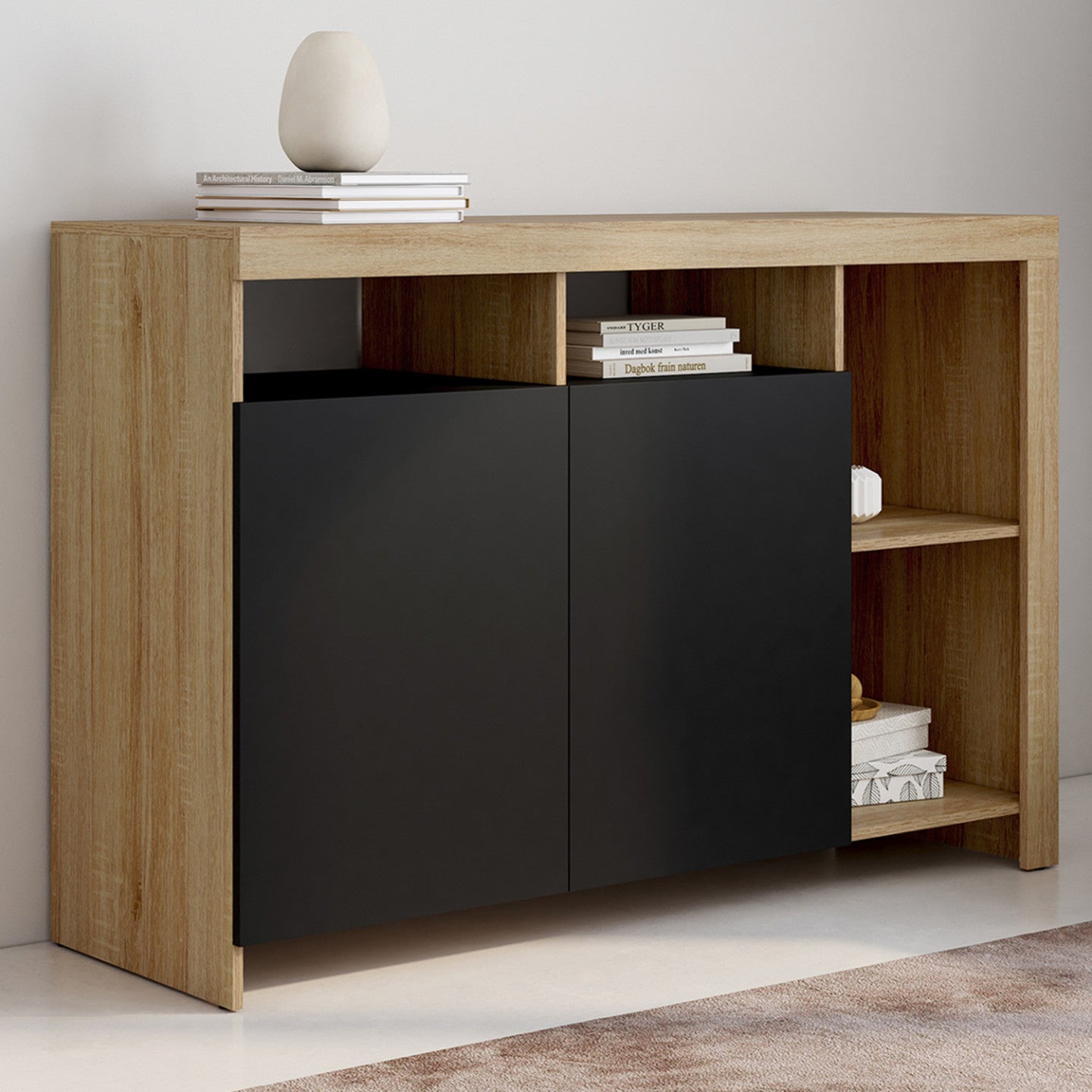 IDMarket - Credenza MALO 110 cm con legno effetto faggio e ante nere