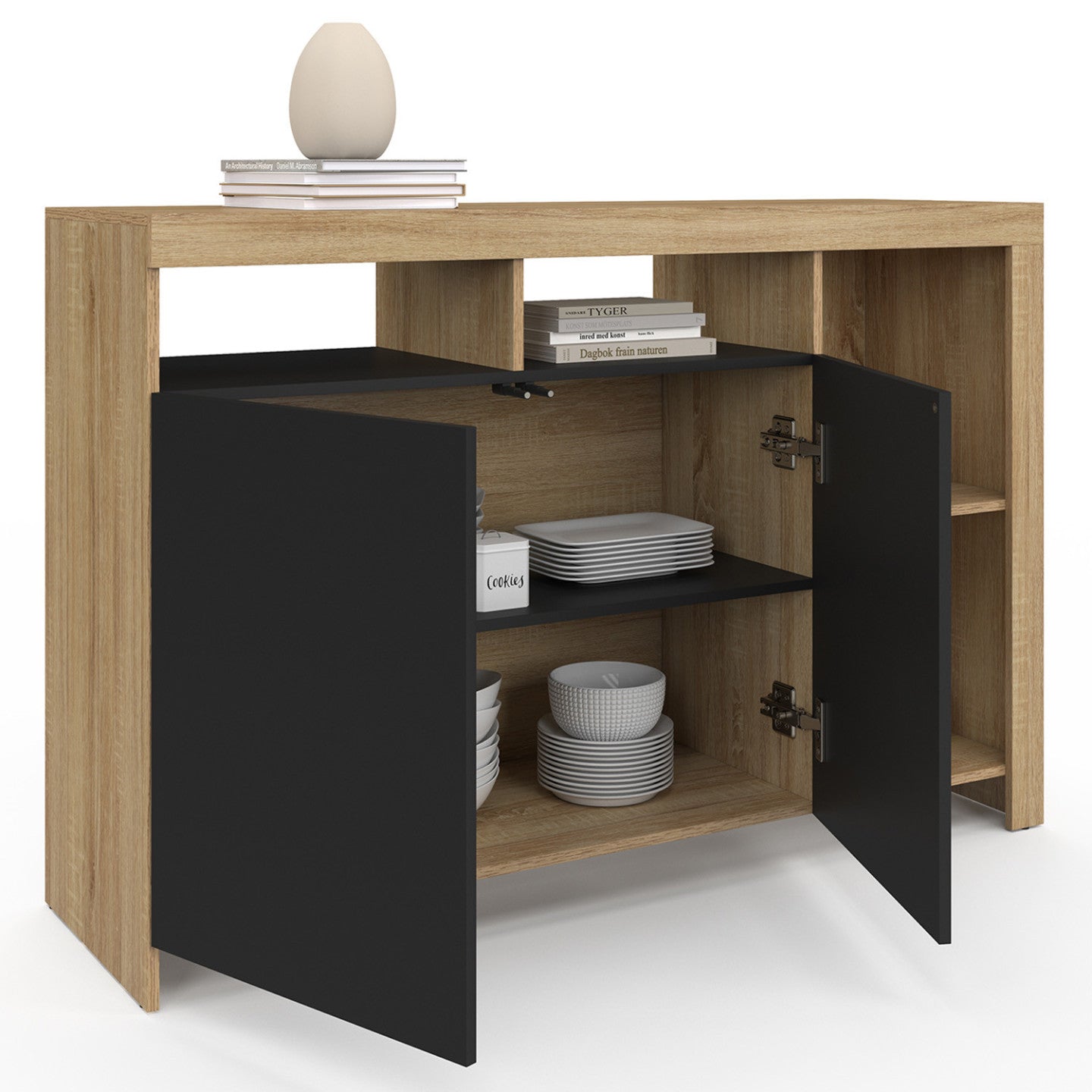 IDMarket - Credenza MALO 110 cm con legno effetto faggio e ante nere