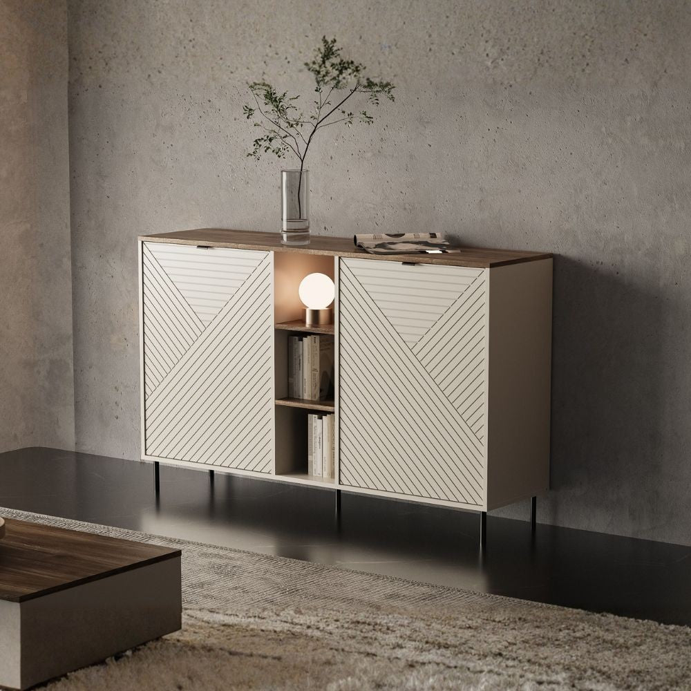 Credenza Mirage08 con 2 ante design geometrico e vani a giorno – Cashmere e Rovere