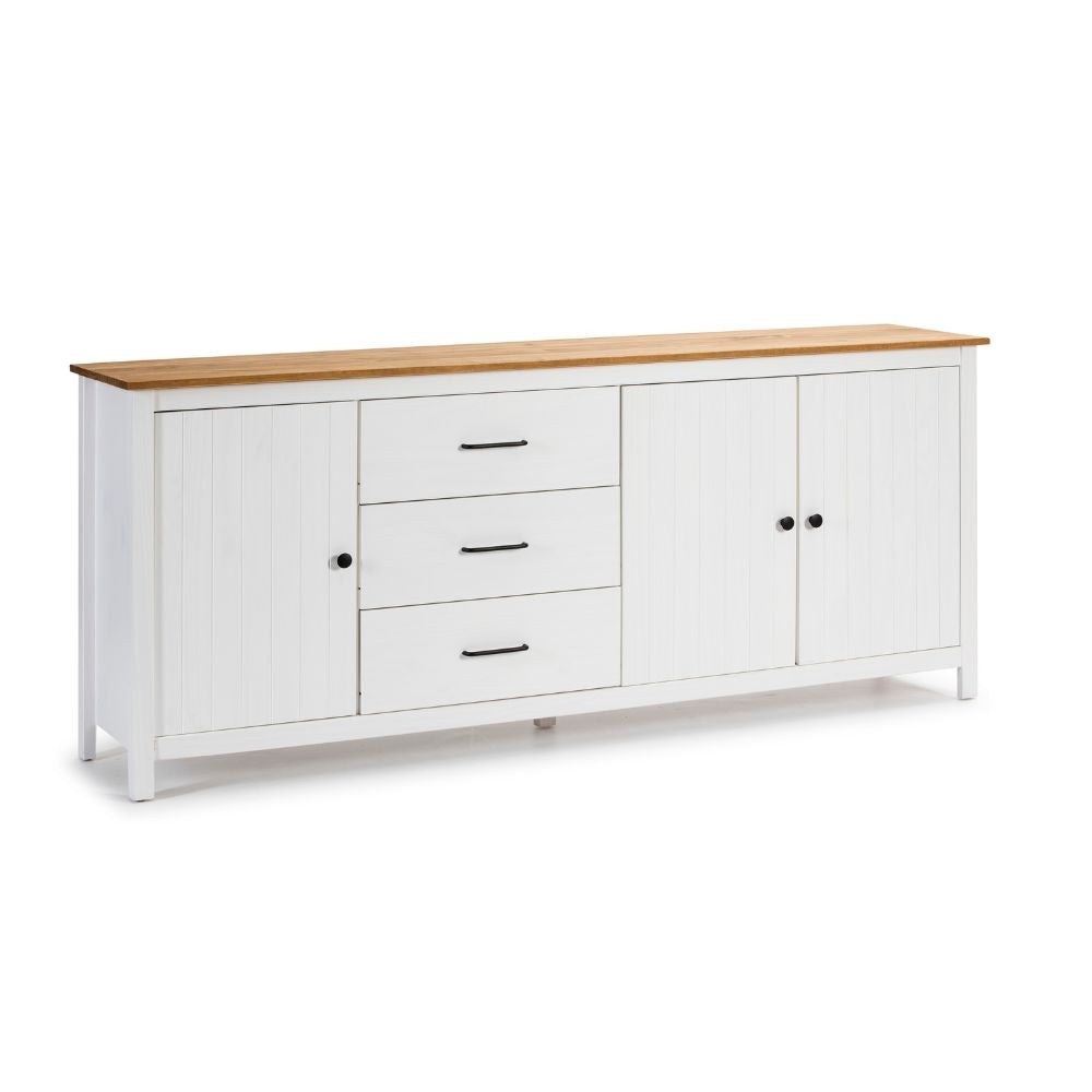Credenza Miranda in legno massiccio colore bianco e pino 191x40x80H - 3 Ante e 3 cassetti