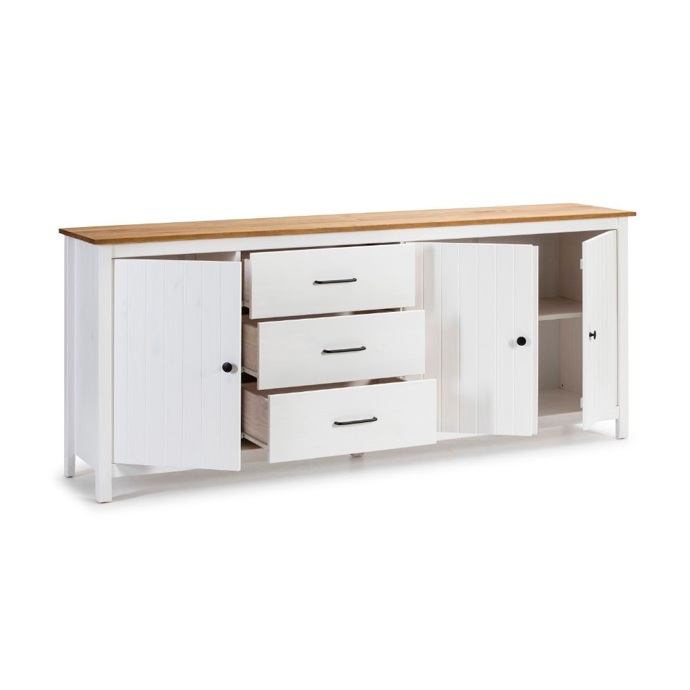 Credenza Miranda in legno massiccio colore bianco e pino 191x40x80H - 3 Ante e 3 cassetti