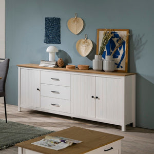 Credenza Miranda in legno massiccio colore bianco e pino 191x40x80H - 3 Ante e 3 cassetti