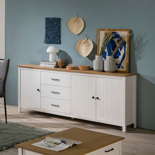 Credenza Miranda in legno massiccio colore bianco e pino 191x40x80H - 3 Ante e 3 cassetti