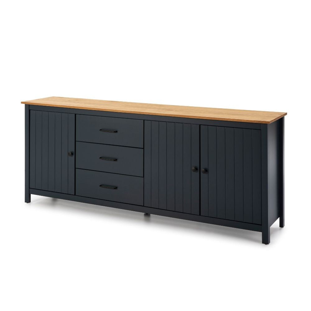 Credenza Miranda in legno massiccio colore blu e pino 191x40x80H - 3 Ante e 3 cassetti