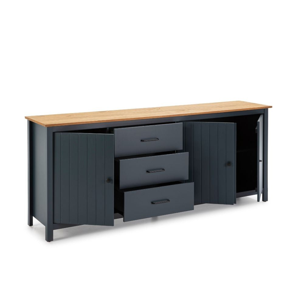 Credenza Miranda in legno massiccio colore blu e pino 191x40x80H - 3 Ante e 3 cassetti