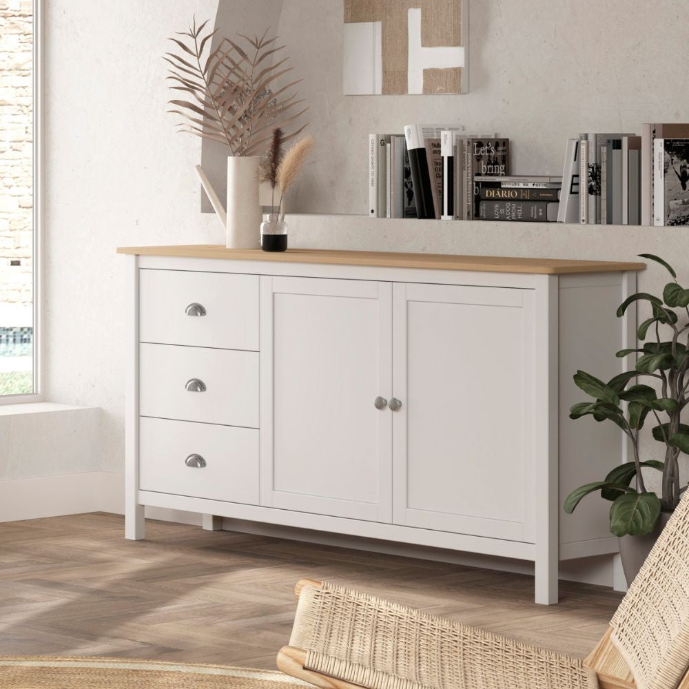 Credenza Misti bianco e rovere con 2 ante e 3 cassetti in legno massiccio 150x40x80H