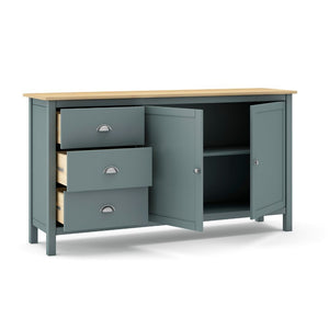 Credenza Misti verde cachi e rovere con 2 ante e 3 cassetti in legno massiccio 150x40x80H