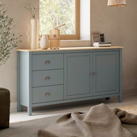 Credenza Misti verde cachi e rovere con 2 ante e 3 cassetti in legno massiccio 150x40x80H