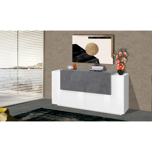 Credenza New Coro 160 – 2 ante + 4 cassetti – Bianco Lucido/Ardesia