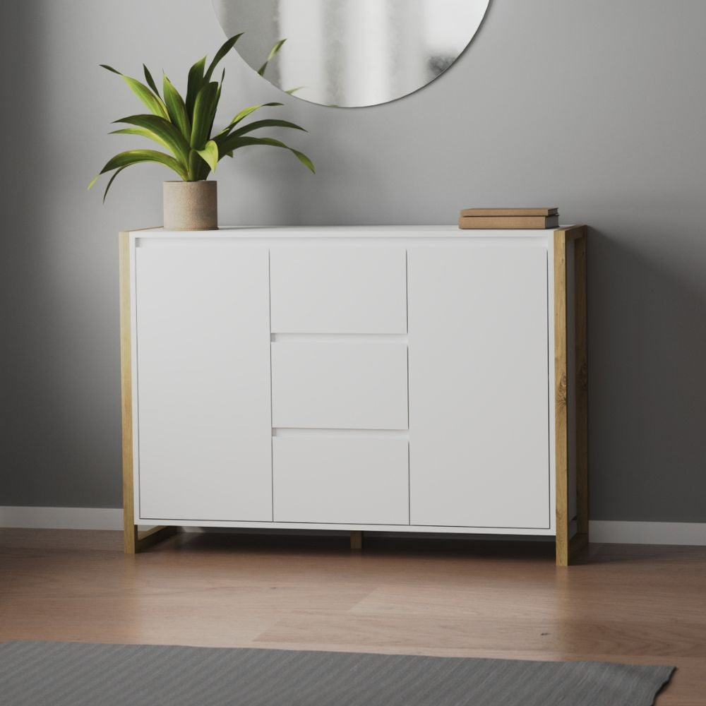 Credenza New Denver2 con 3 cassetti e 2 ante bianco e rovere 120x40x88H