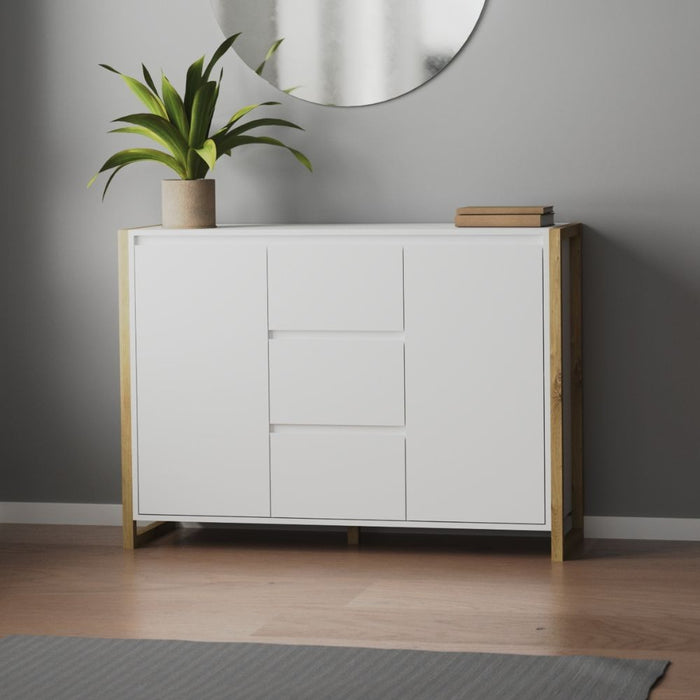 Credenza New Denver2 con 3 cassetti e 2 ante bianco e rovere 120x40x88H