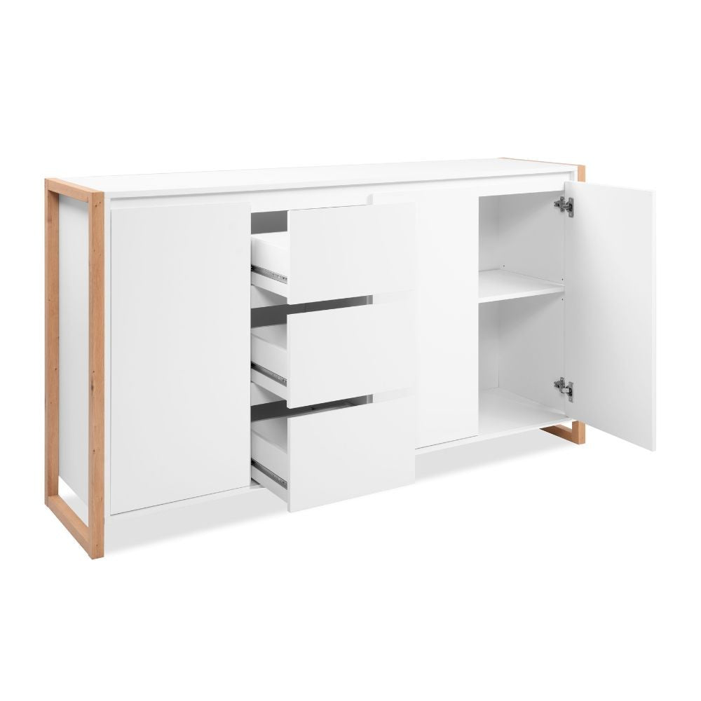 Credenza New Denver3 con 3 cassetti e 3 ante bianco e rovere 160x40x88H