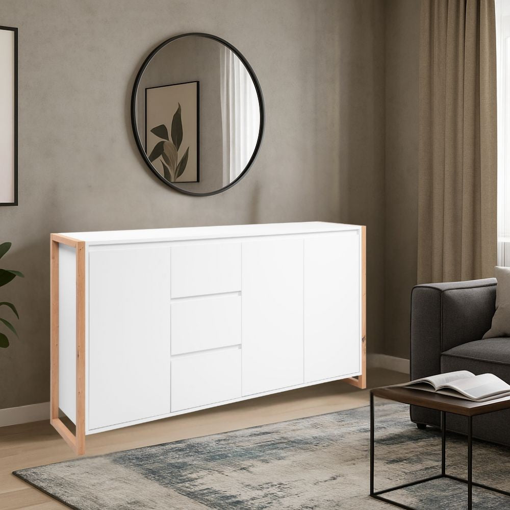Credenza New Denver3 con 3 cassetti e 3 ante bianco e rovere 160x40x88H