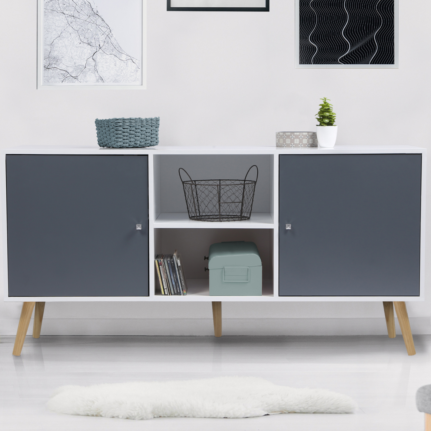 IDMarket - Credenza scandinava bassa EFFIE 140 cm con 2 ante in legno bianco e grigio