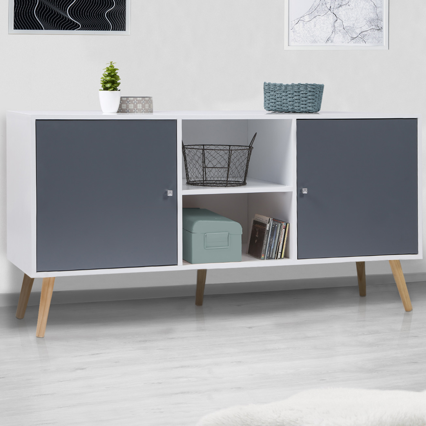 IDMarket - Credenza scandinava bassa EFFIE 140 cm con 2 ante in legno bianco e grigio