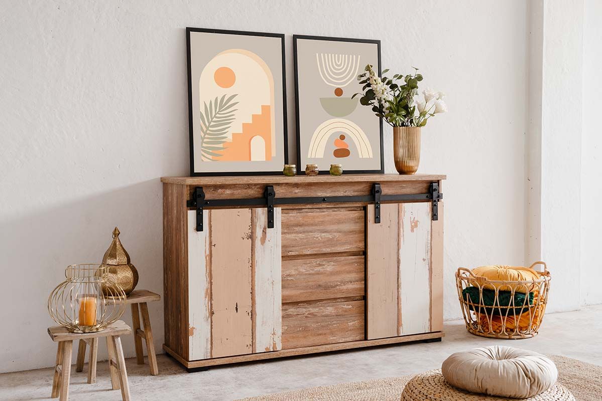 Madia Tromso con 2 ante e 3 cassetti Bianco anticato e Rovere anticato, ZFRMARK01