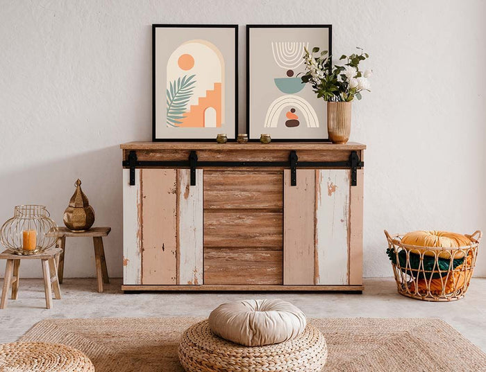 Madia Tromso con 2 ante e 3 cassetti Bianco anticato e Rovere anticato, ZFRMARK01