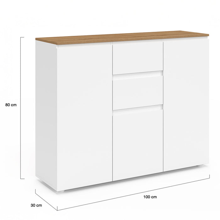 IDMarket - Credenza TOBY 100 cm con 3 ante, 2 cassetti bianchi e piano in legno
