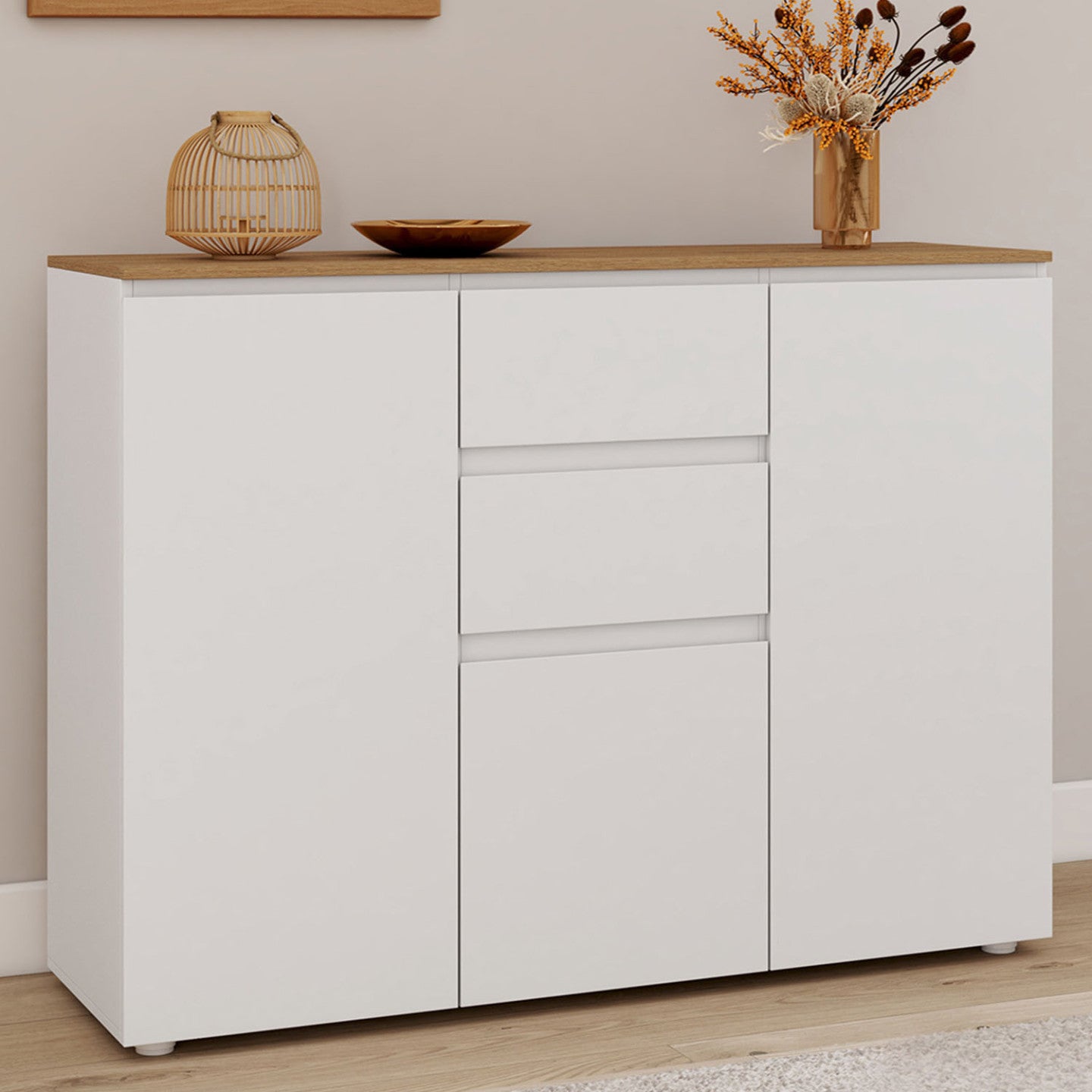IDMarket - Credenza TOBY 100 cm con 3 ante, 2 cassetti bianchi e piano in legno