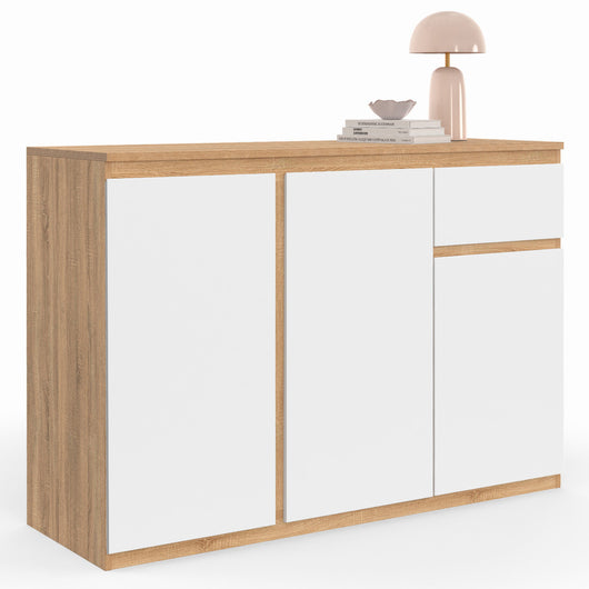 IDMarket - Credenza TOMI 100 cm con 3 ante e 1 cassetto, bianco e legno