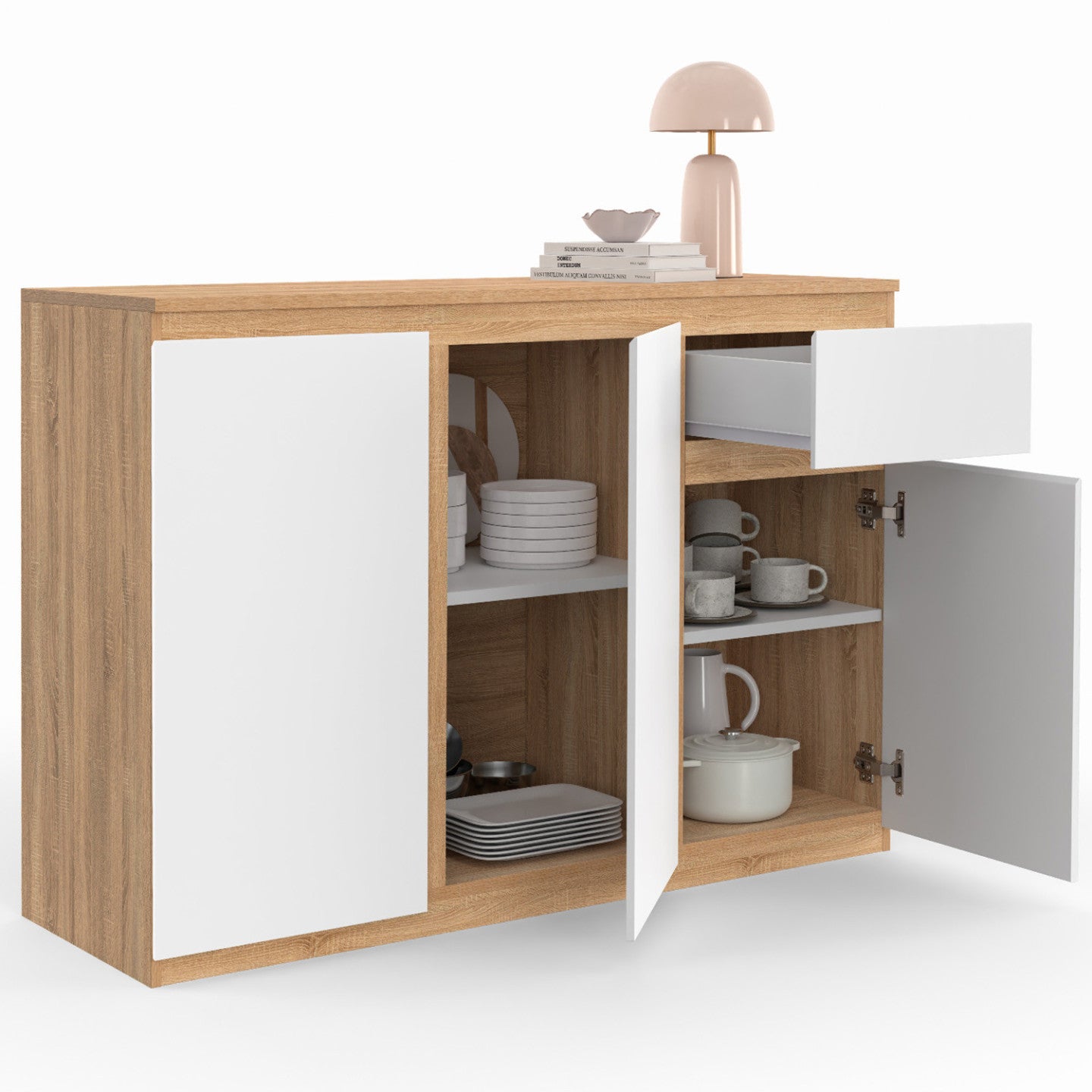 IDMarket - Credenza TOMI 100 cm con 3 ante e 1 cassetto, bianco e legno