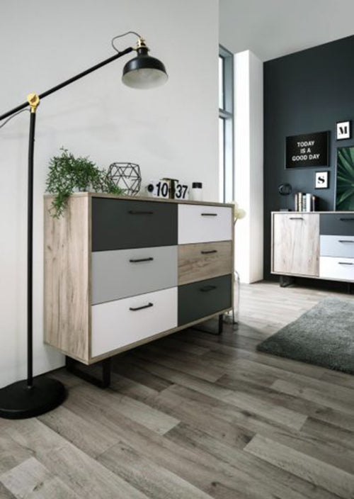 Madia Cassettiera Lappo  Quercia, Bianca, Grigio e Antracite, ZFRCM6CN