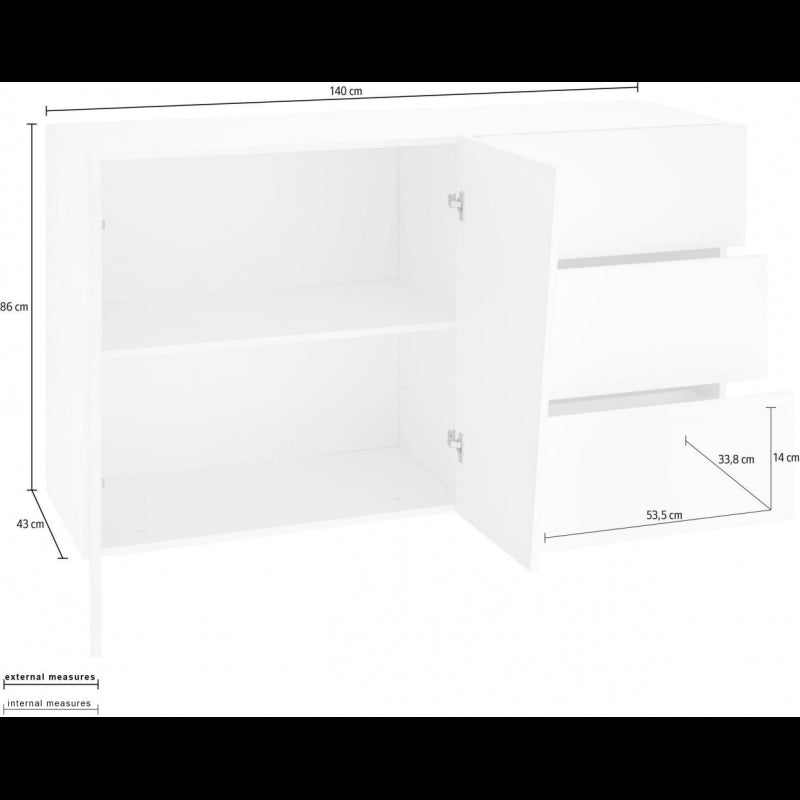Credenza Vega 140 – 2 ante/3 cassetti – Bianco Lucido