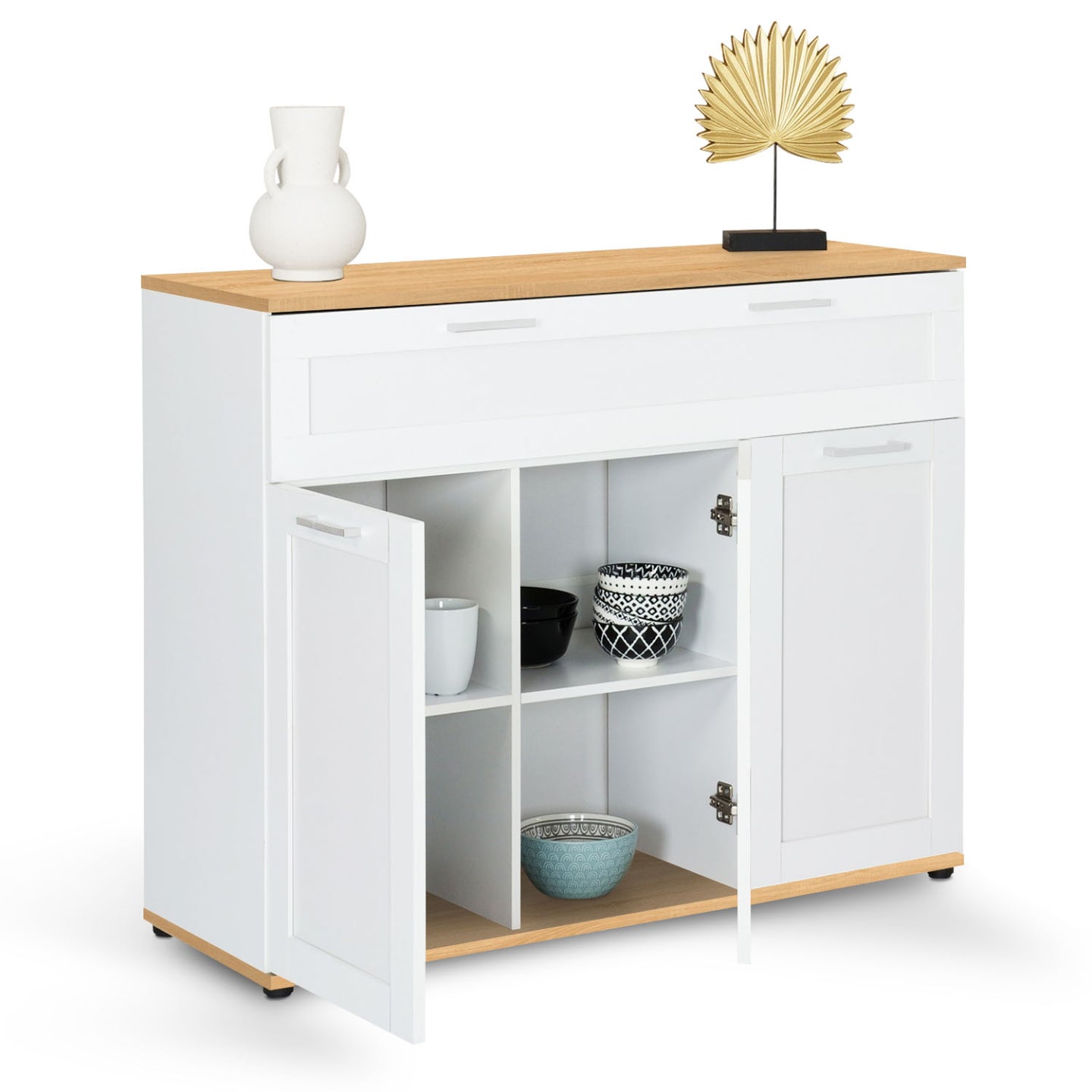 IDMarket - Credenza VITO 100 cm con 3 ante e 1 cassetto, bianco e piano in legno