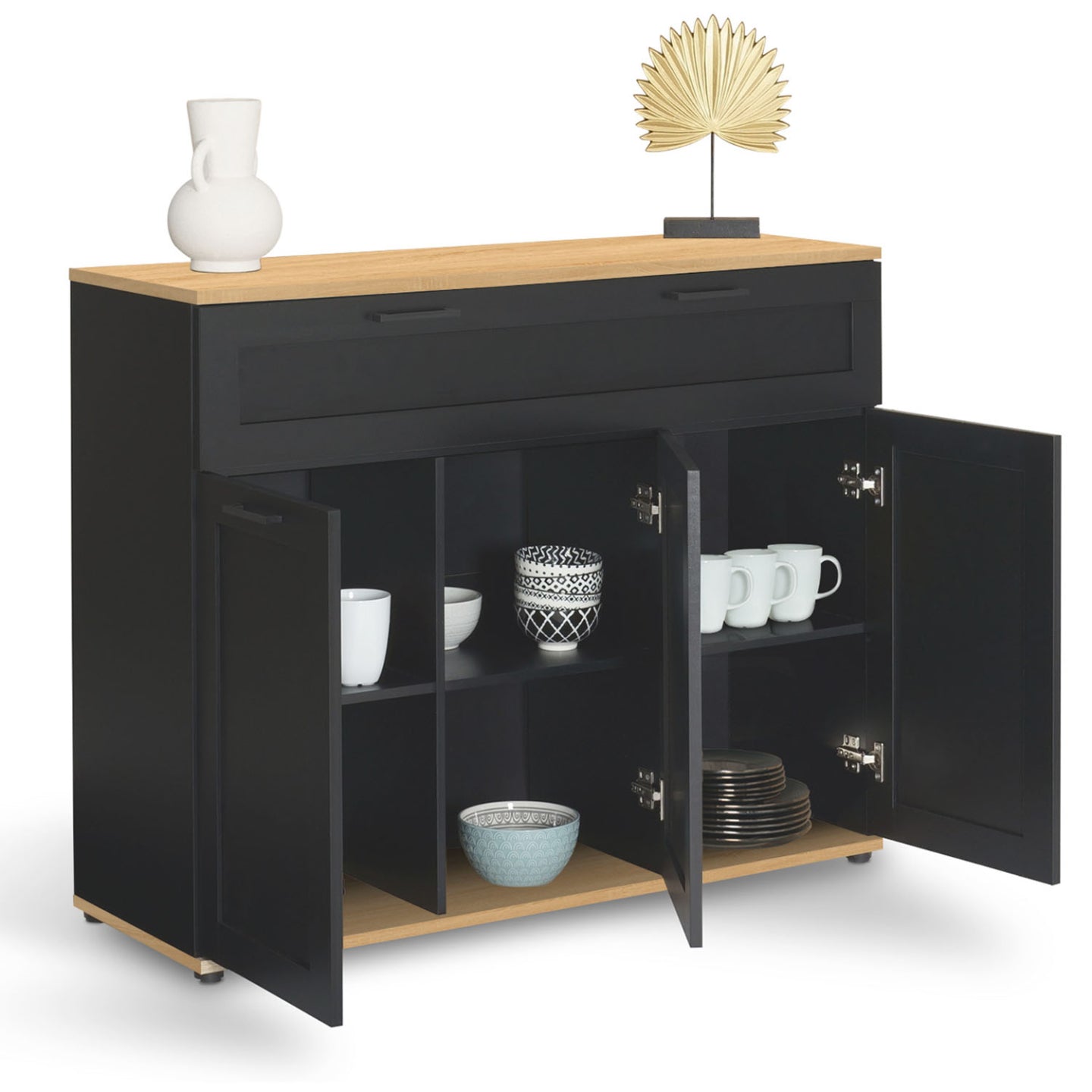 IDMarket - Credenza VITO 100 cm con 3 ante e 1 cassetto, nero e piano in legno